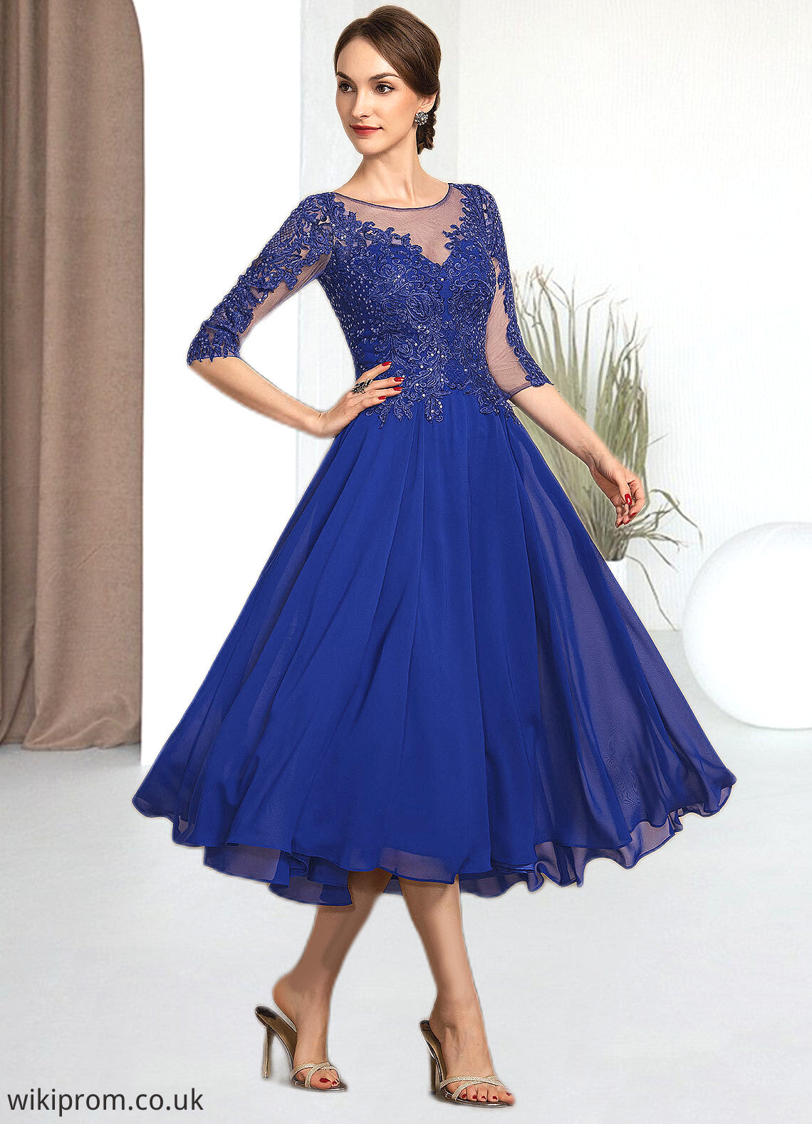 Claire A-Line Scoop Neck Tea-Length Chiffon Lace Mother of the Bride Dress With Sequins SWK126P0014565