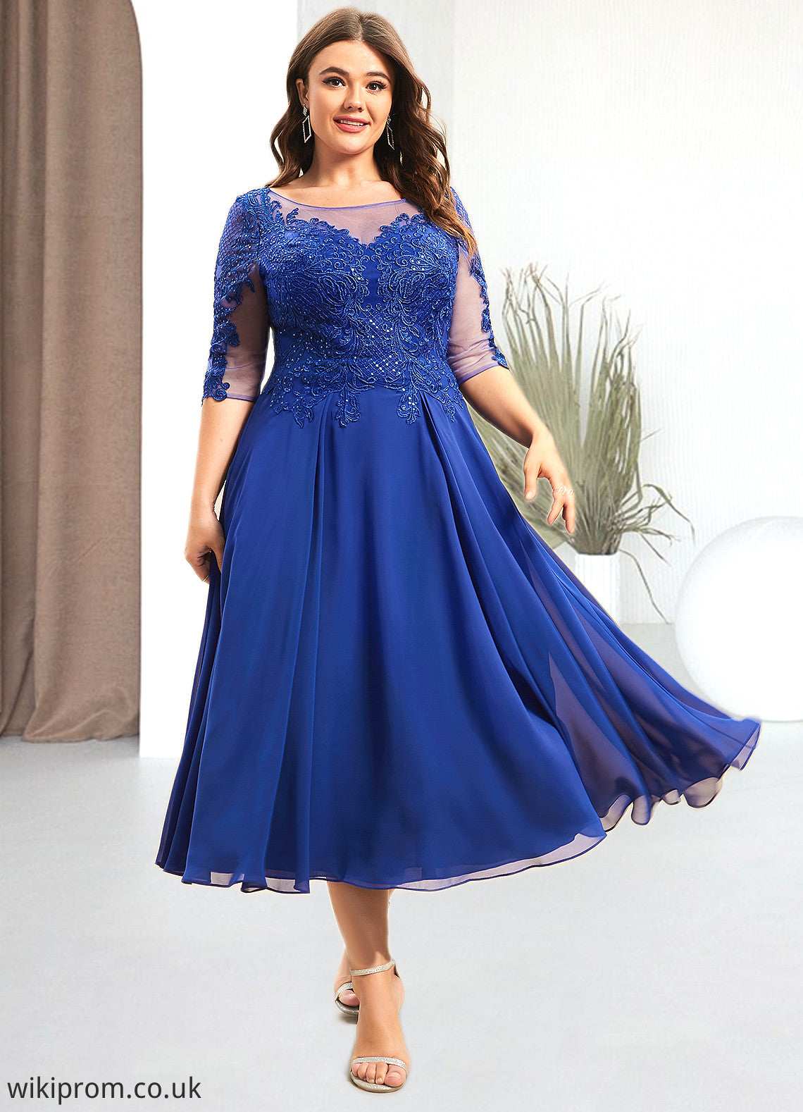 Claire A-Line Scoop Neck Tea-Length Chiffon Lace Mother of the Bride Dress With Sequins SWK126P0014565