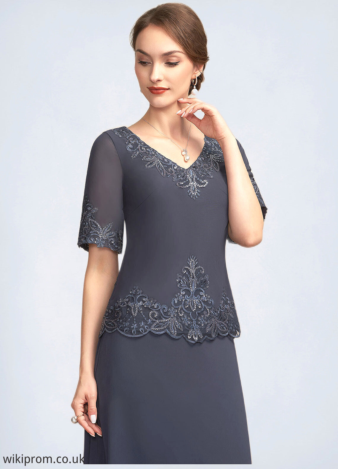 Cindy A-Line V-neck Ankle-Length Chiffon Lace Mother of the Bride Dress With Sequins SWK126P0014650