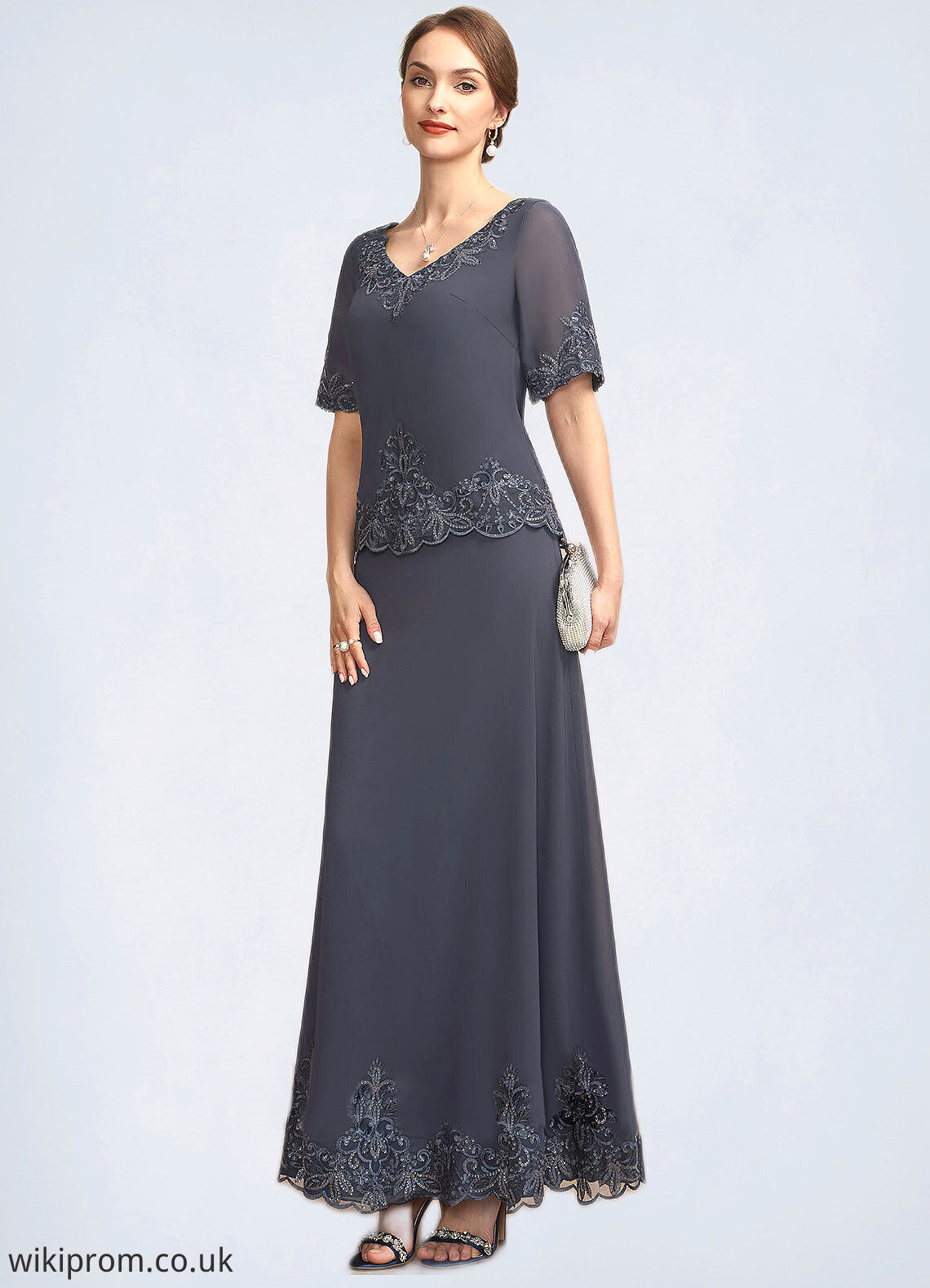 Cindy A-Line V-neck Ankle-Length Chiffon Lace Mother of the Bride Dress With Sequins SWK126P0014650