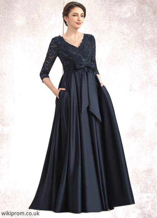 Cindy A-Line V-neck Floor-Length Satin Lace Mother of the Bride Dress With Sequins Bow(s) Pockets SWK126P0014820