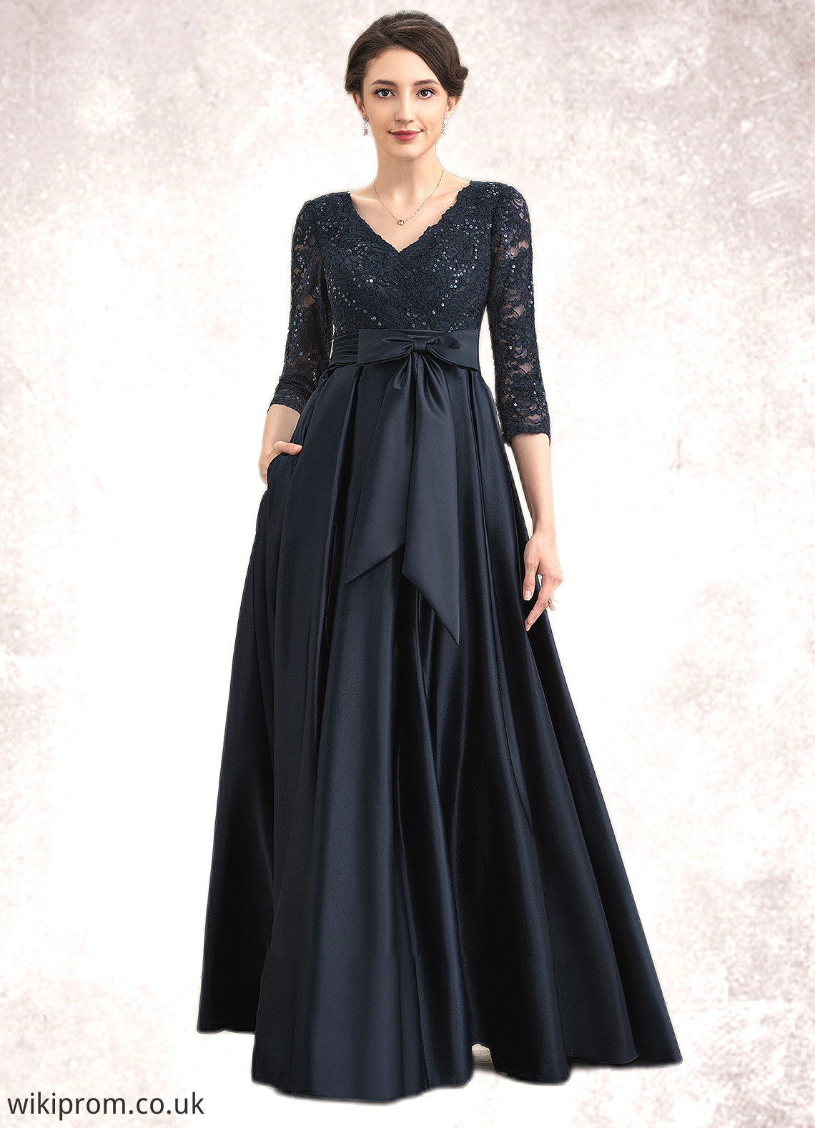 Cindy A-Line V-neck Floor-Length Satin Lace Mother of the Bride Dress With Sequins Bow(s) Pockets SWK126P0014820
