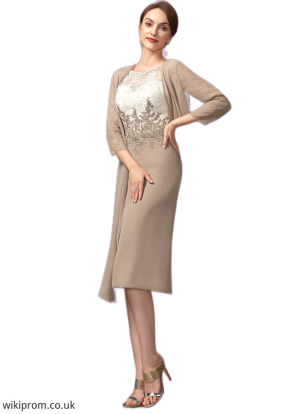Clara Sheath/Column Scoop Neck Knee-Length Chiffon Lace Mother of the Bride Dress SWK126P0014927