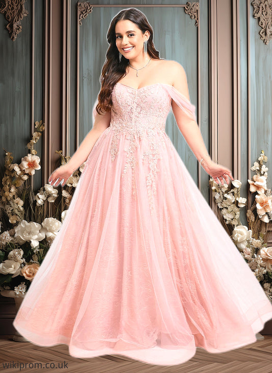 Reina A-line Sweetheart Off the Shoulder Floor-Length Tulle Floral Lace Prom Dresses With Appliques Lace SWKP0025870