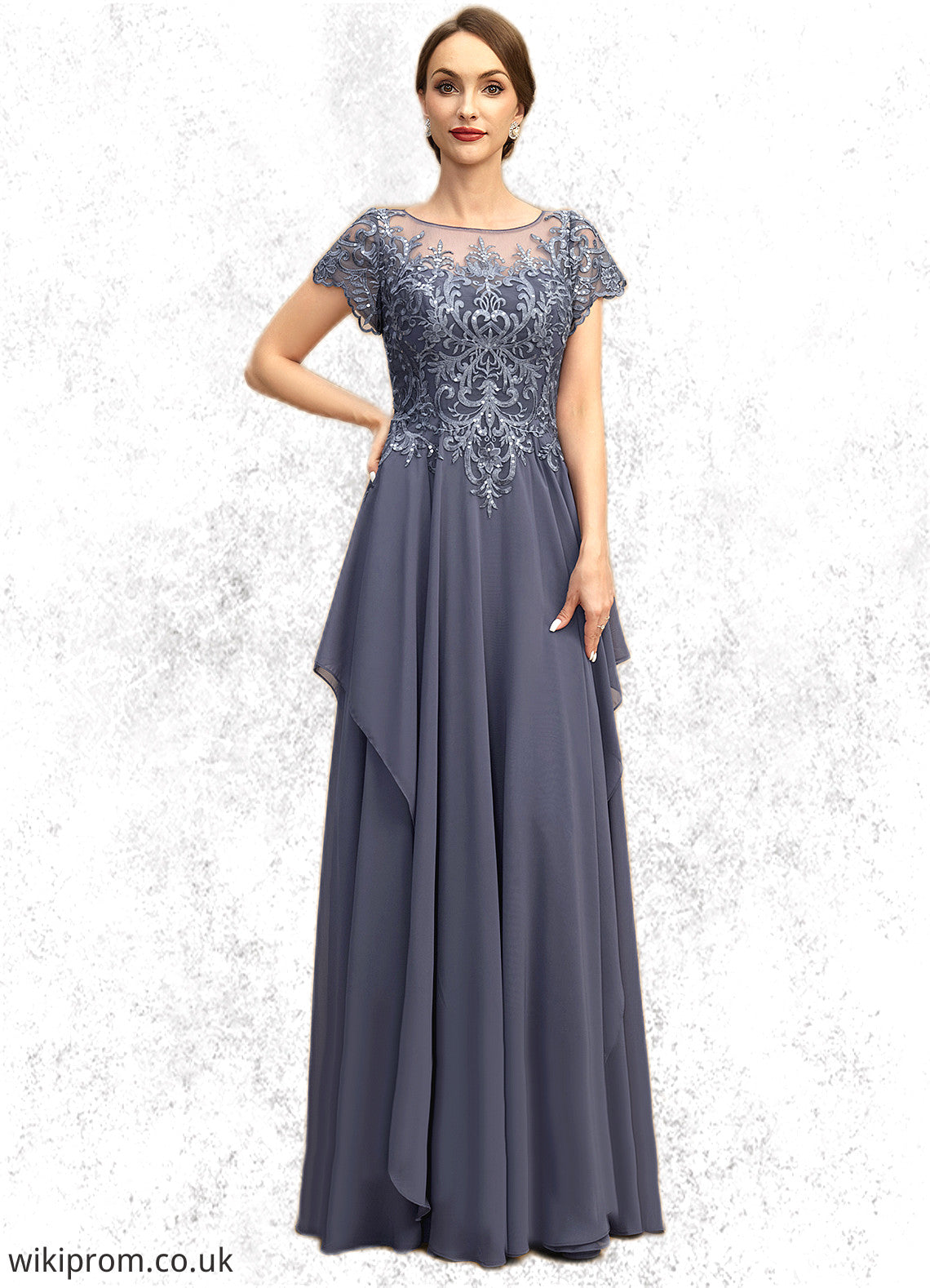 Pam A-line Scoop Illusion Floor-Length Chiffon Lace Mother of the Bride Dress With Cascading Ruffles Sequins SWK126P0021897