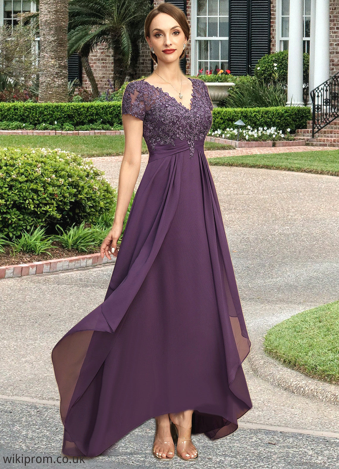 Harper A-line V-Neck Asymmetrical Chiffon Lace Mother of the Bride Dress With Cascading Ruffles SWK126P0021899