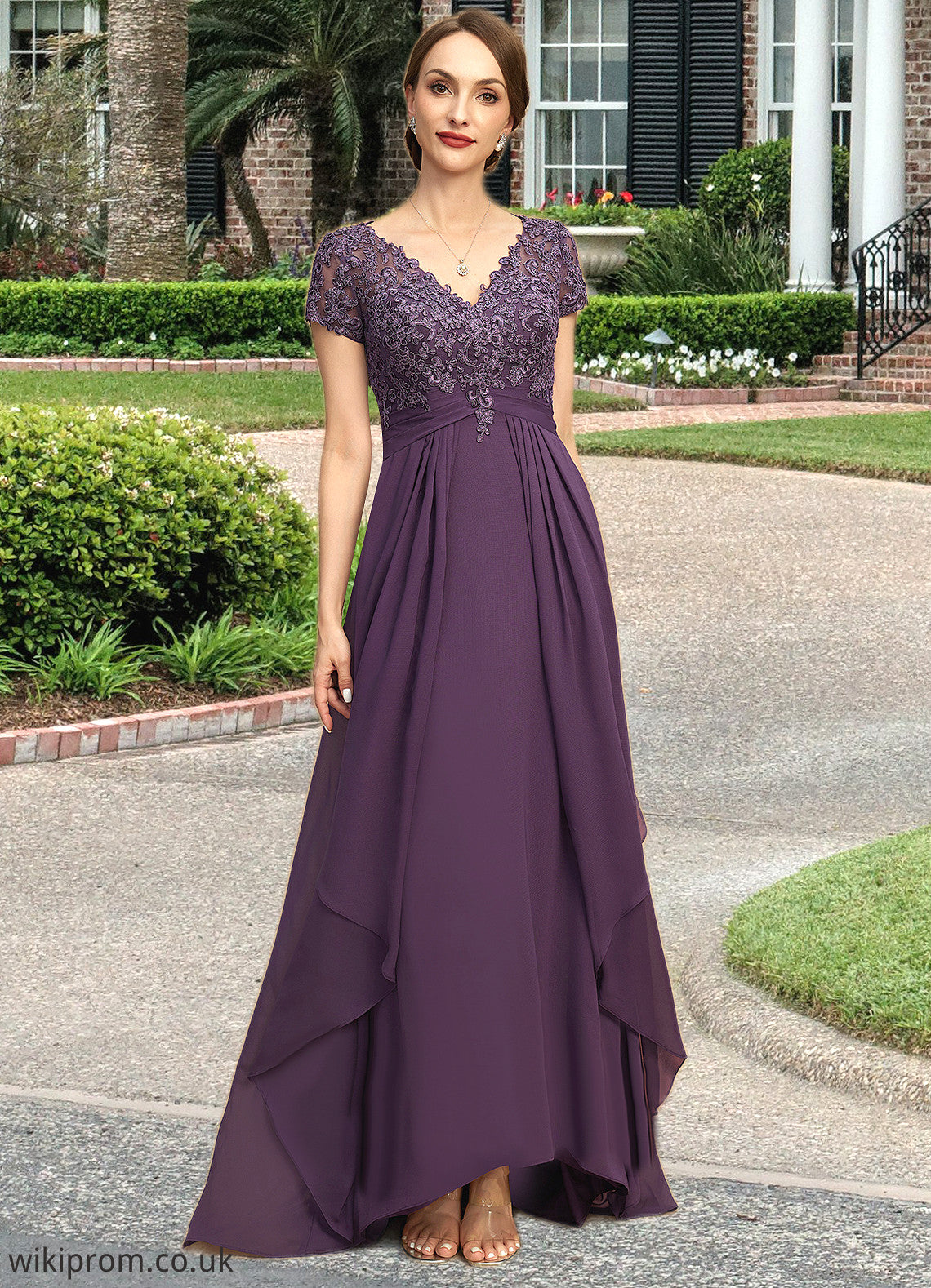 Harper A-line V-Neck Asymmetrical Chiffon Lace Mother of the Bride Dress With Cascading Ruffles SWK126P0021899