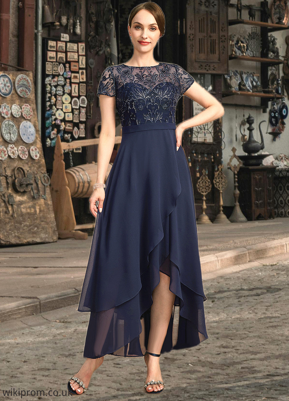 Adelaide A-line Scoop Illusion Asymmetrical Chiffon Lace Mother of the Bride Dress With Sequins SWK126P0021902