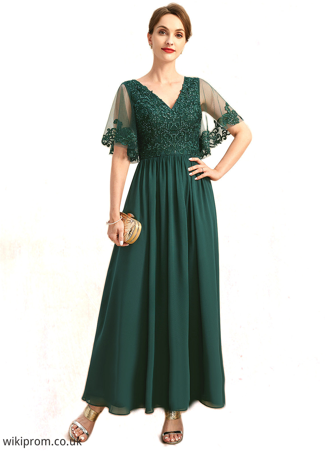 Harriet A-line V-Neck Ankle-Length Chiffon Lace Mother of the Bride Dress With Sequins SWK126P0021914