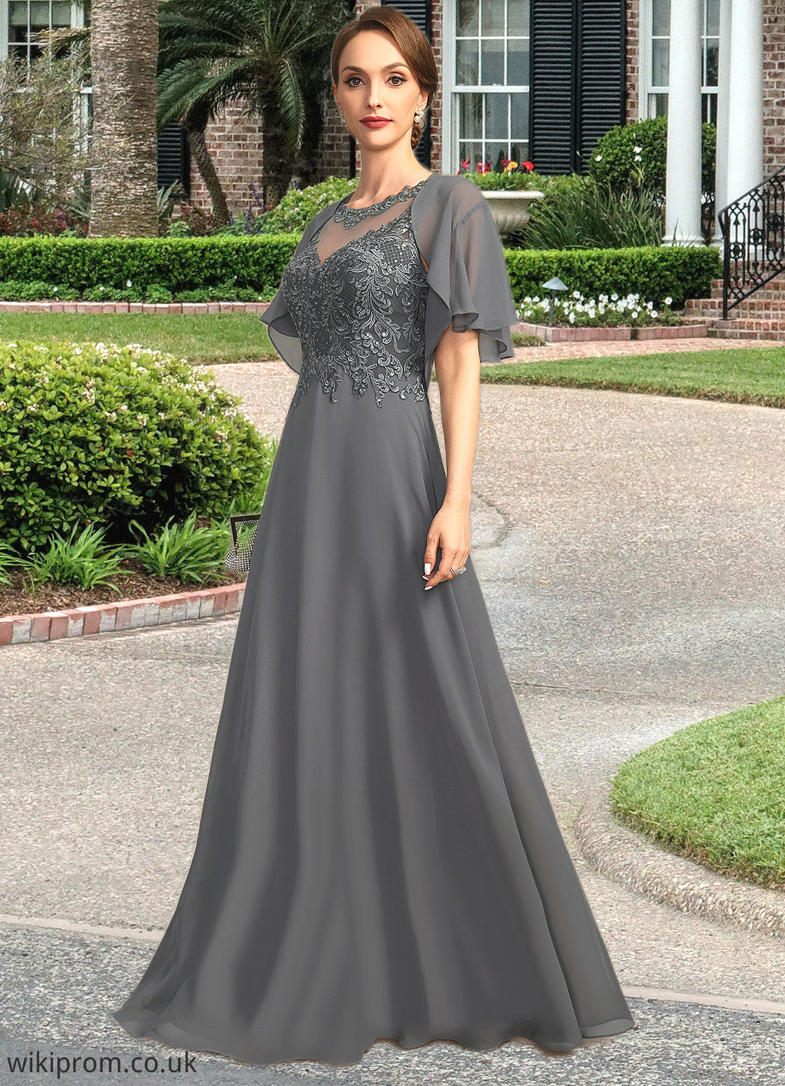 Zoe A-line Scoop Illusion Floor-Length Chiffon Lace Mother of the Bride Dress With Sequins SWK126P0021921