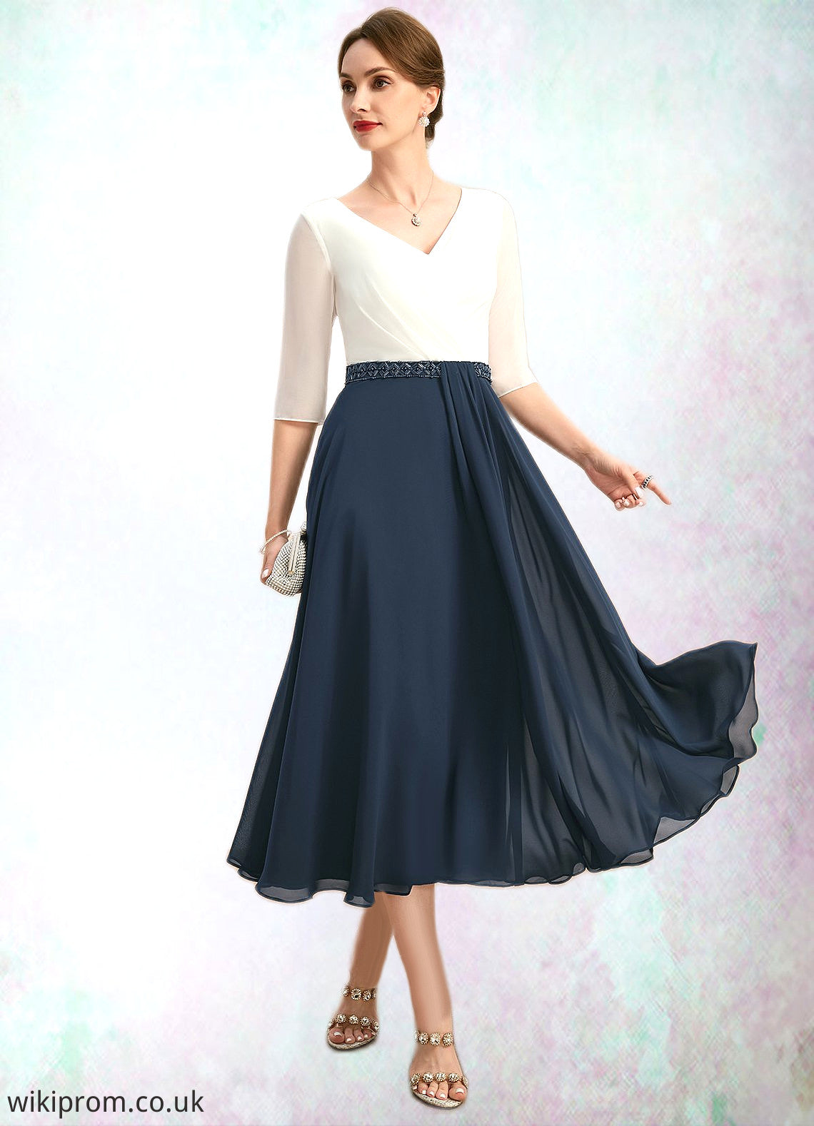 Renee A-line V-Neck Tea-Length Chiffon Mother of the Bride Dress With Beading Pleated SWK126P0021923