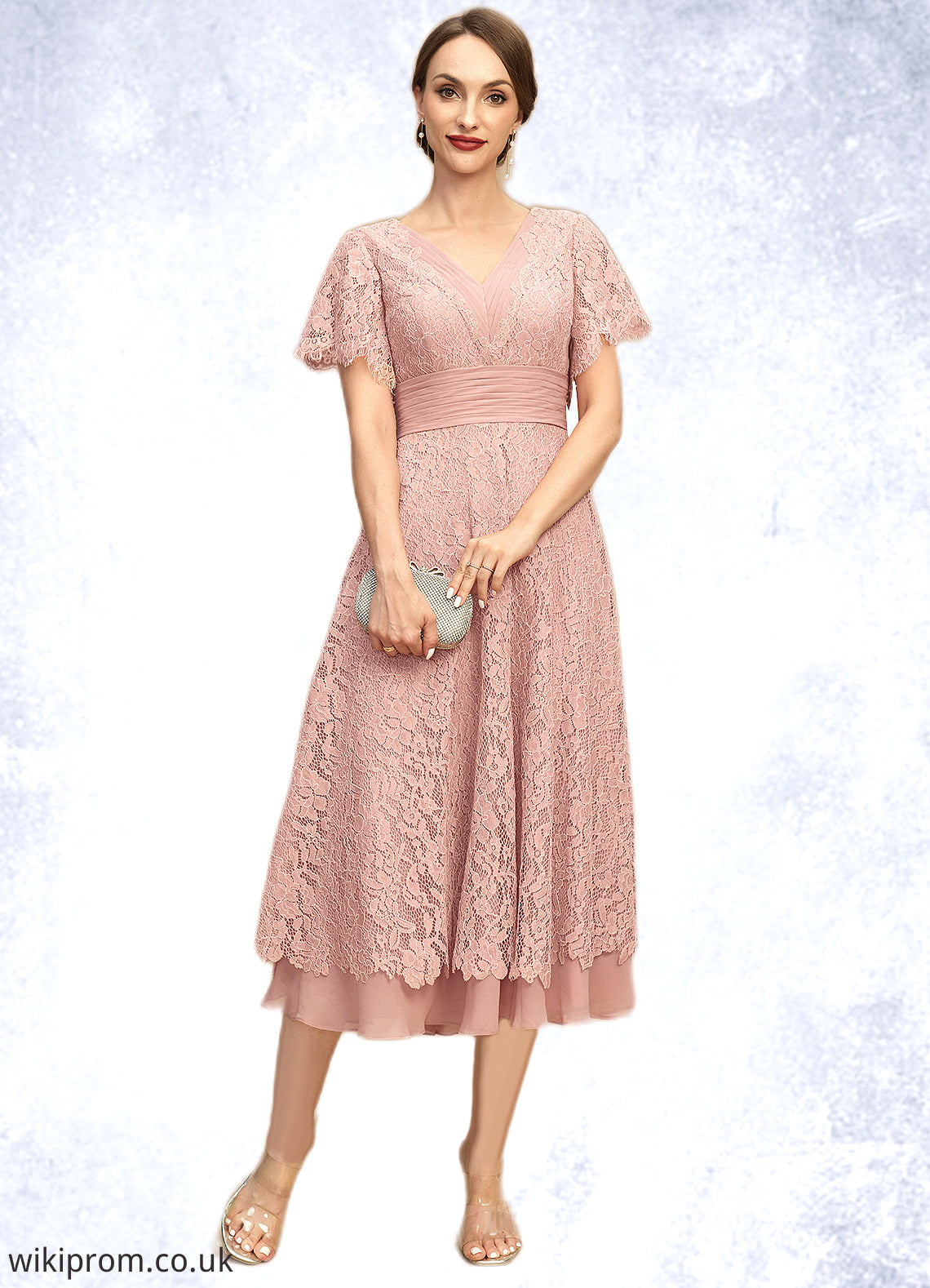 Luna A-line V-Neck Tea-Length Chiffon Lace Mother of the Bride Dress With Pleated SWK126P0021927