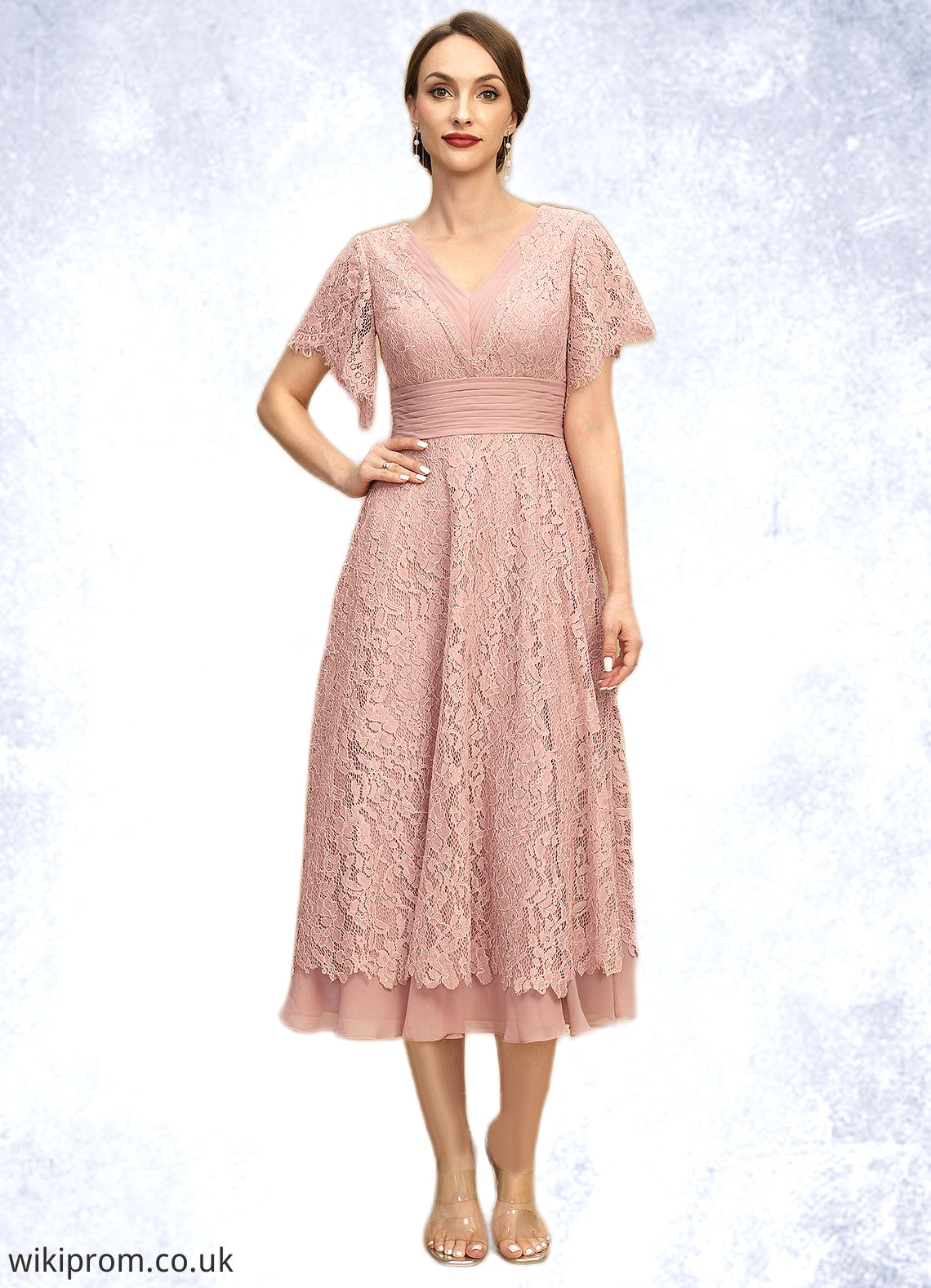 Luna A-line V-Neck Tea-Length Chiffon Lace Mother of the Bride Dress With Pleated SWK126P0021927