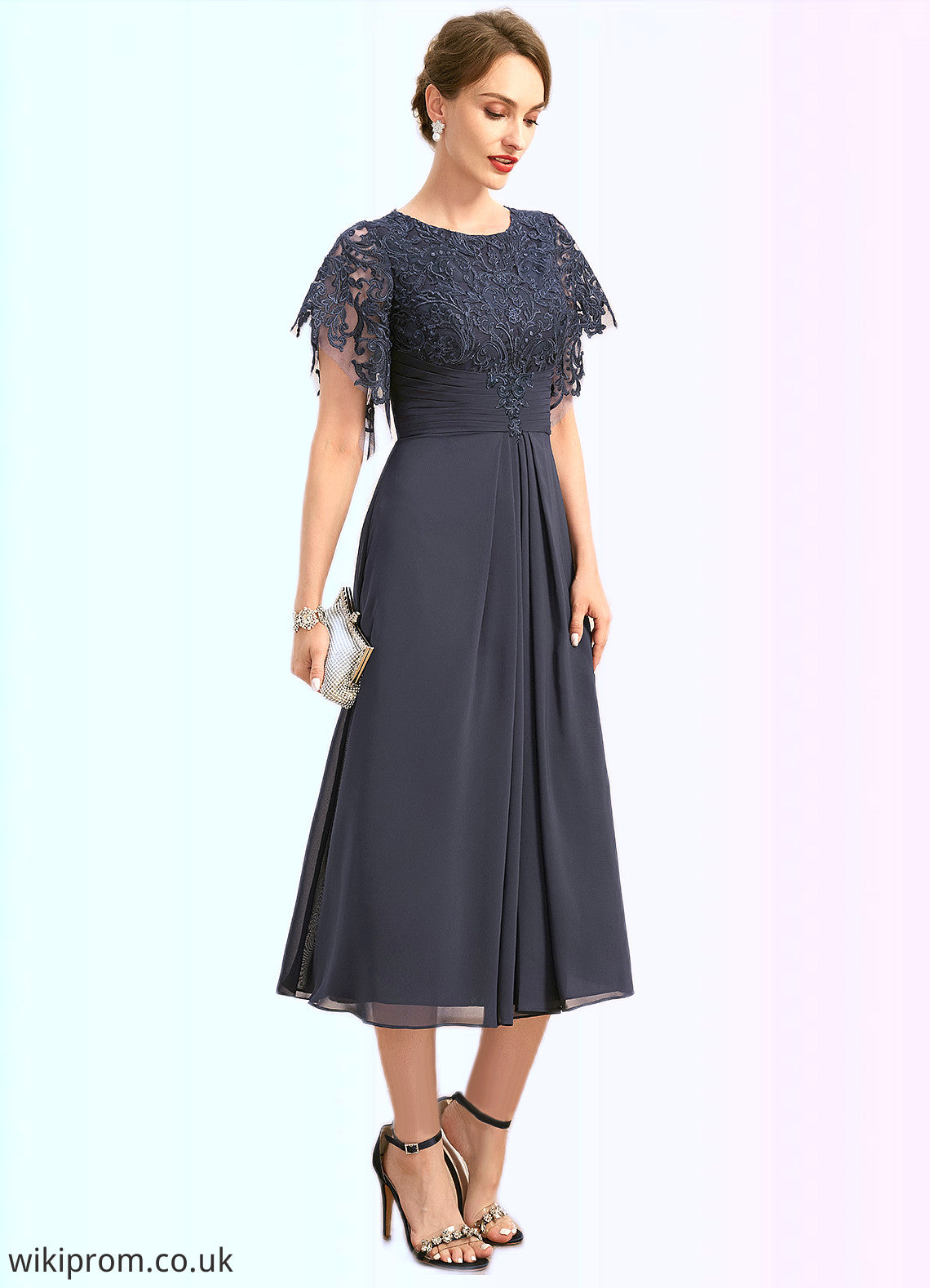 Rosemary A-line Scoop Tea-Length Chiffon Lace Mother of the Bride Dress With Pleated SWK126P0021928