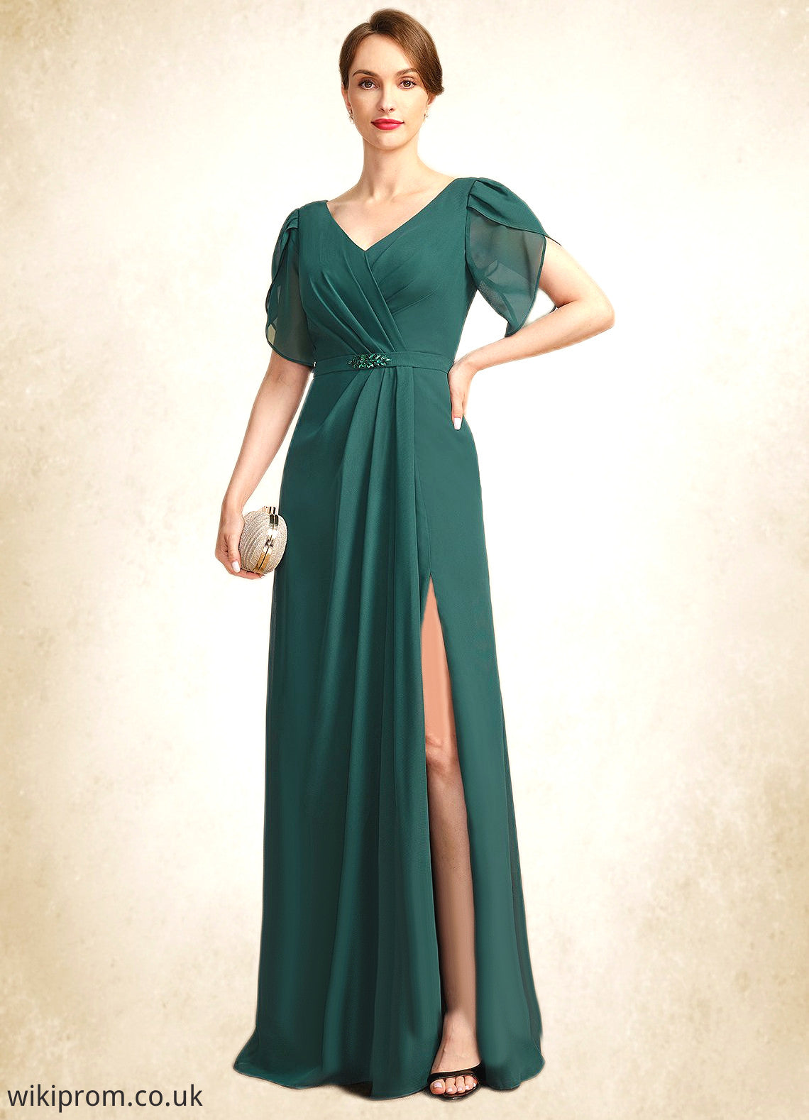 Giuliana Sheath/Column V-Neck Floor-Length Chiffon Mother of the Bride Dress With Beading Pleated SWK126P0021949