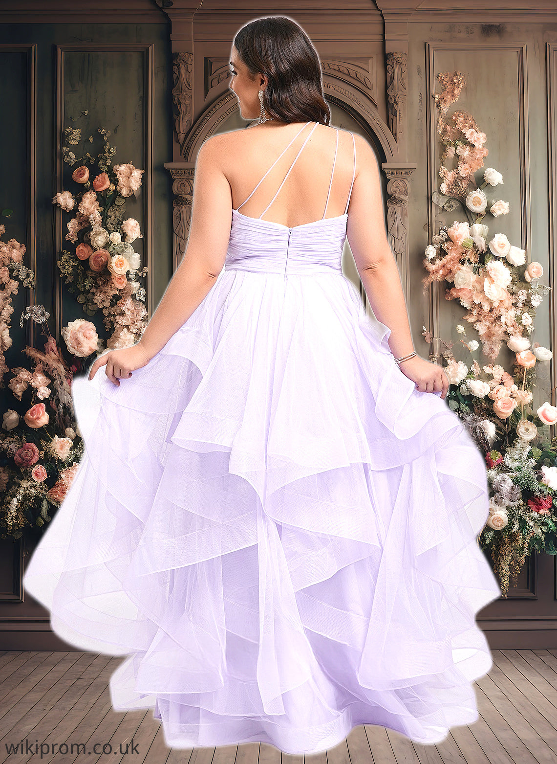 Annabella Ball-Gown/Princess Asymmetrical One Shoulder Floor-Length Tulle Prom Dresses SWKP0025867