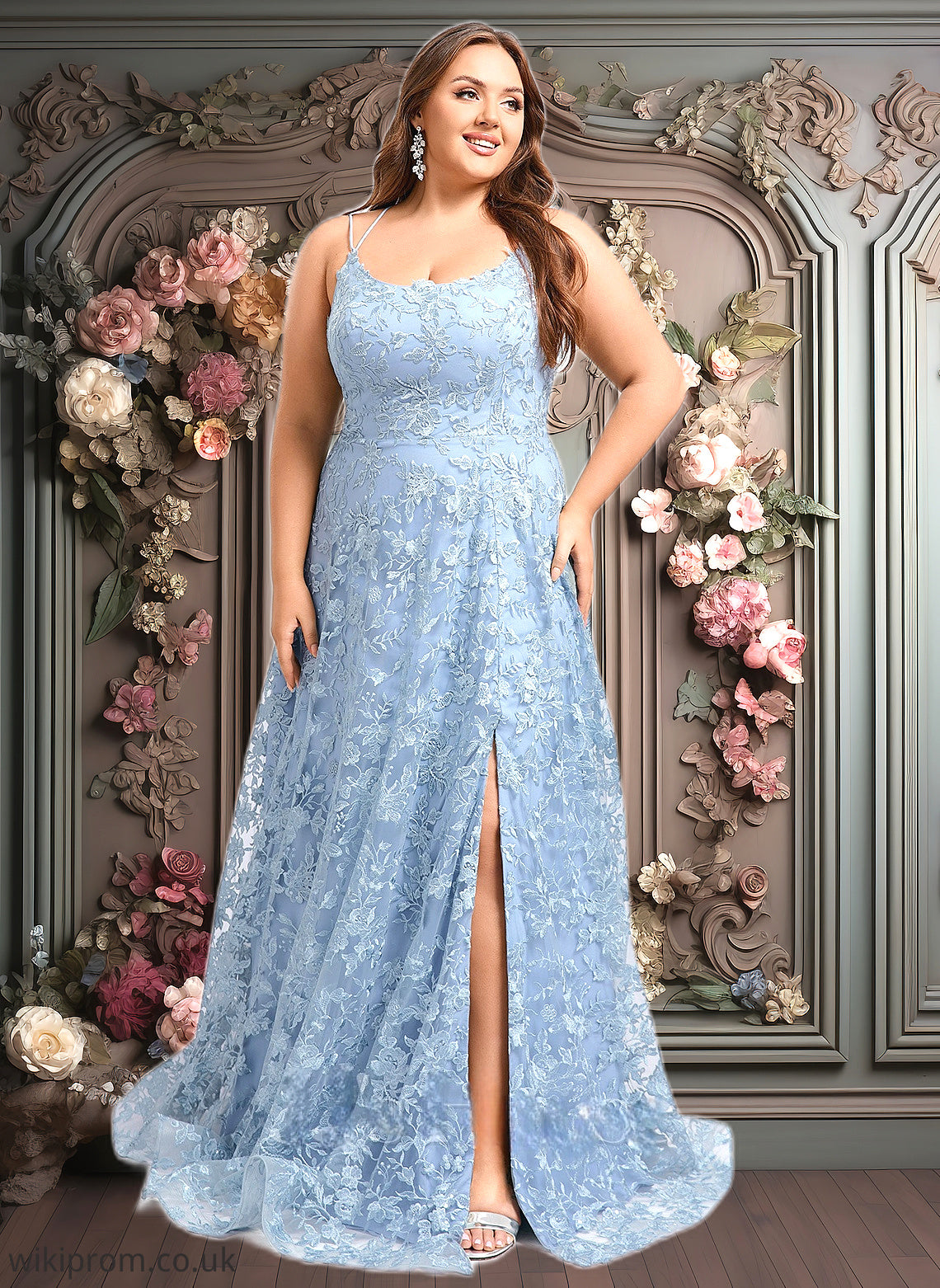 Alina A-line Scoop Floor-Length Lace Floral Prom Dresses SWKP0025847