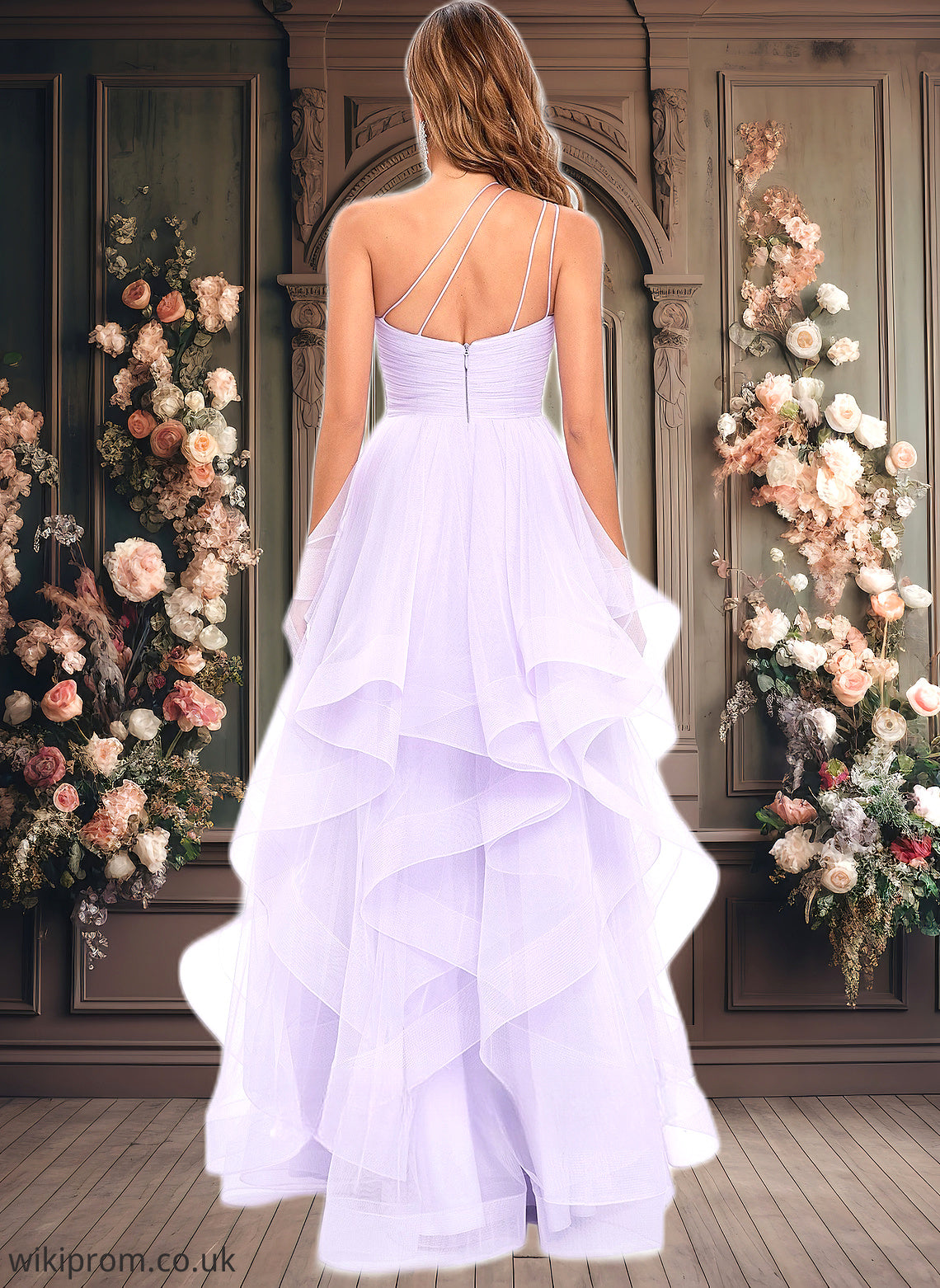 Annabella Ball-Gown/Princess Asymmetrical One Shoulder Floor-Length Tulle Prom Dresses SWKP0025867