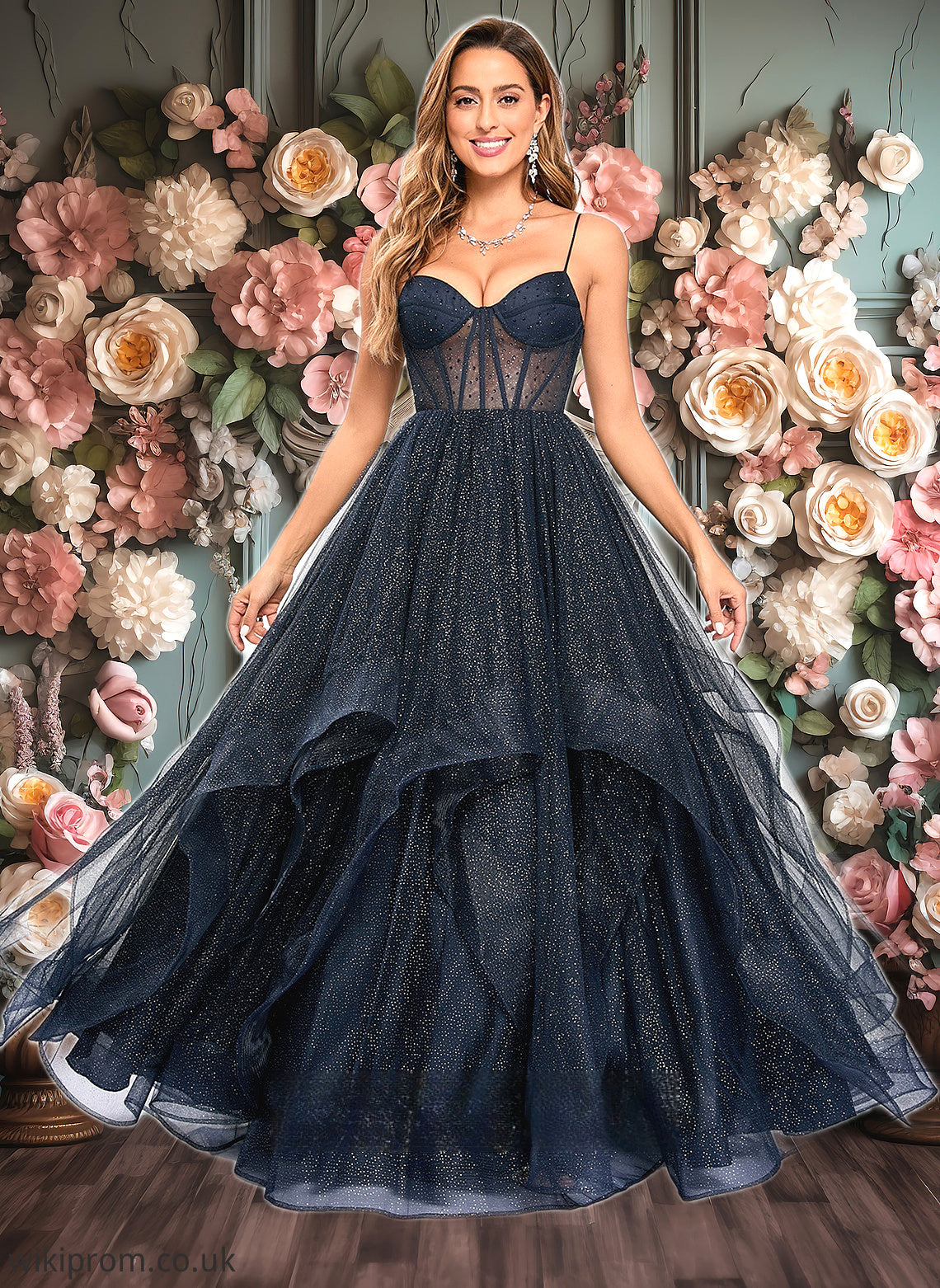 Journey Ball-Gown/Princess V-Neck Floor-Length Tulle Prom Dresses SWKP0025863