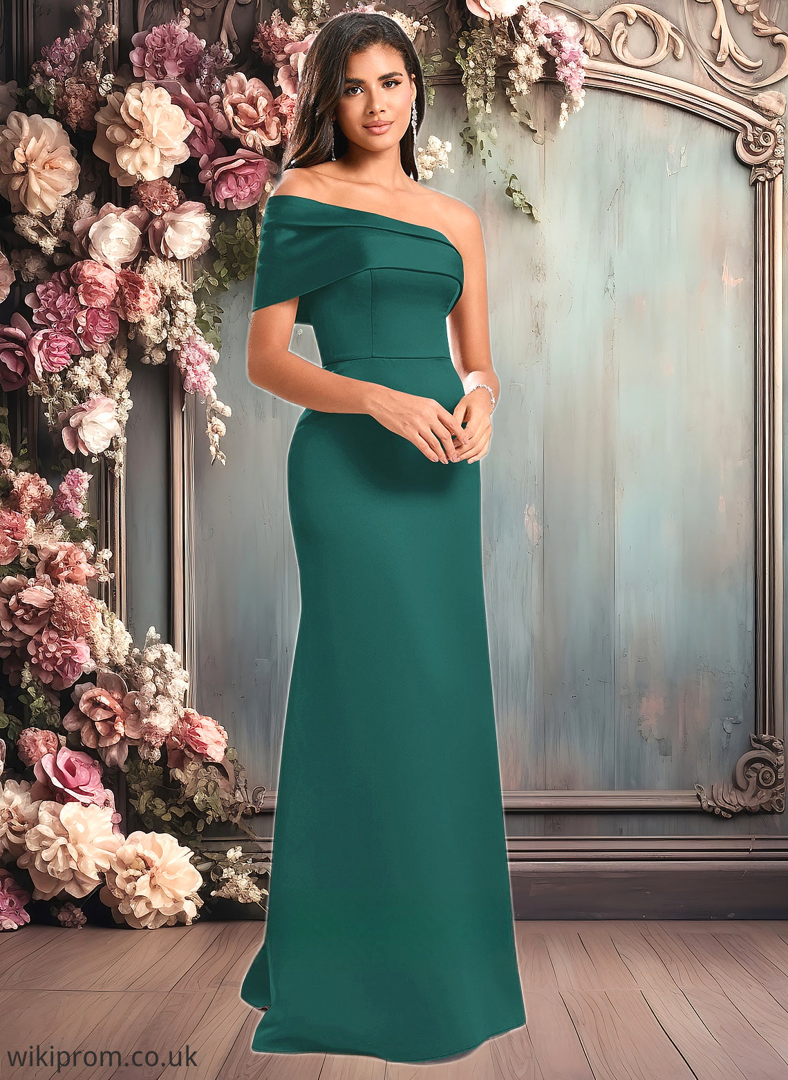 Ava A-line Asymmetrical Off the Shoulder Floor-Length Satin Prom Dresses SWKP0025884