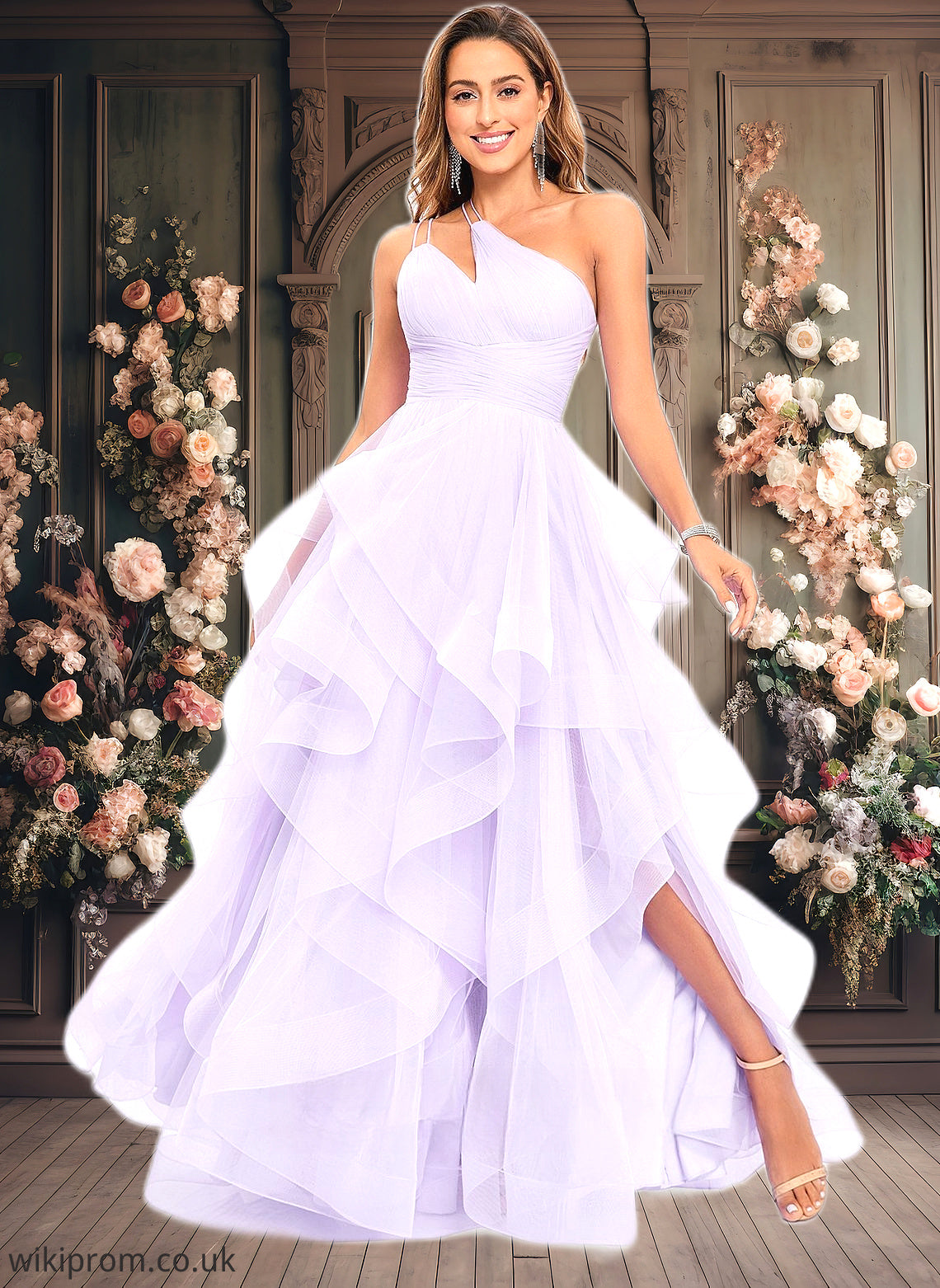 Annabella Ball-Gown/Princess Asymmetrical One Shoulder Floor-Length Tulle Prom Dresses SWKP0025867