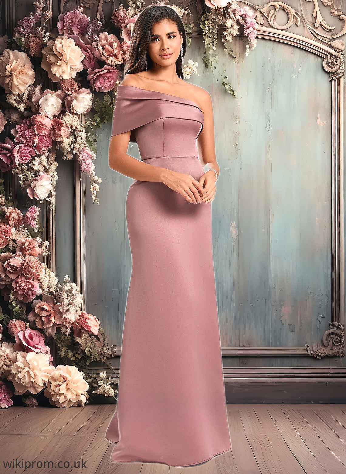 Ava A-line Asymmetrical Off the Shoulder Floor-Length Satin Prom Dresses SWKP0025884