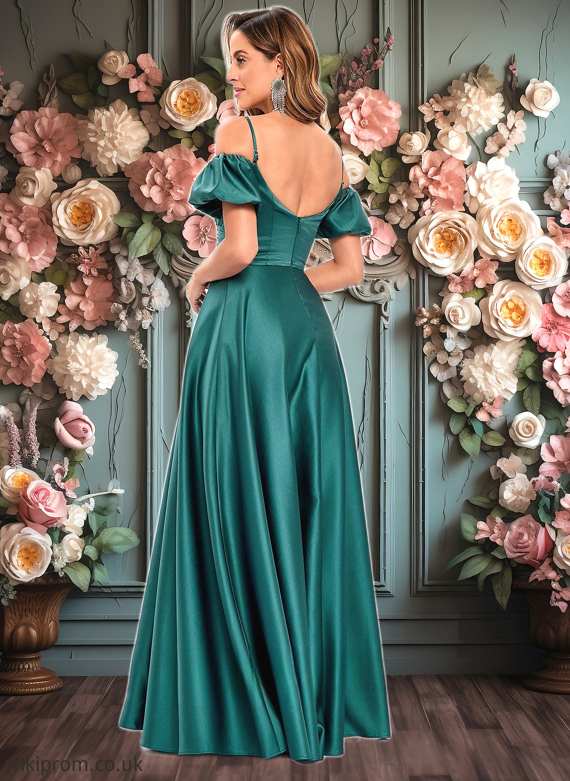 Elvira A-line Off the Shoulder Sweetheart Floor-Length Satin Prom Dresses SWKP0025852