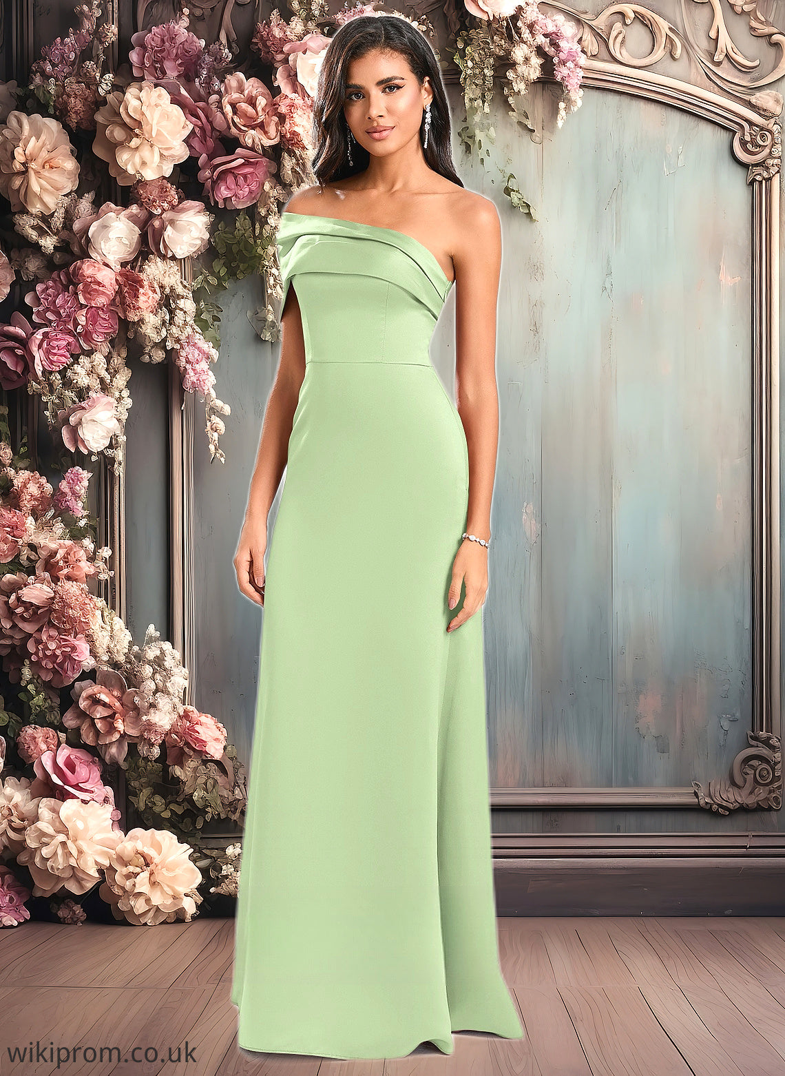 Ava A-line Asymmetrical Off the Shoulder Floor-Length Satin Prom Dresses SWKP0025884