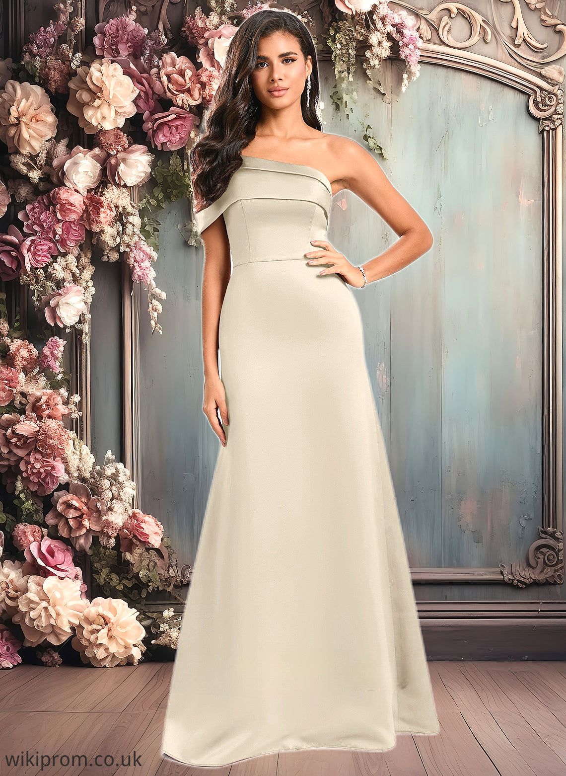 Ava A-line Asymmetrical Off the Shoulder Floor-Length Satin Prom Dresses SWKP0025884