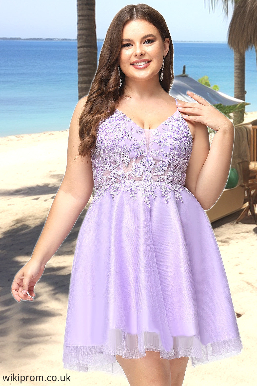 Clare A-line V-Neck Short/Mini Lace Tulle Homecoming Dress With Beading SWKP0020501