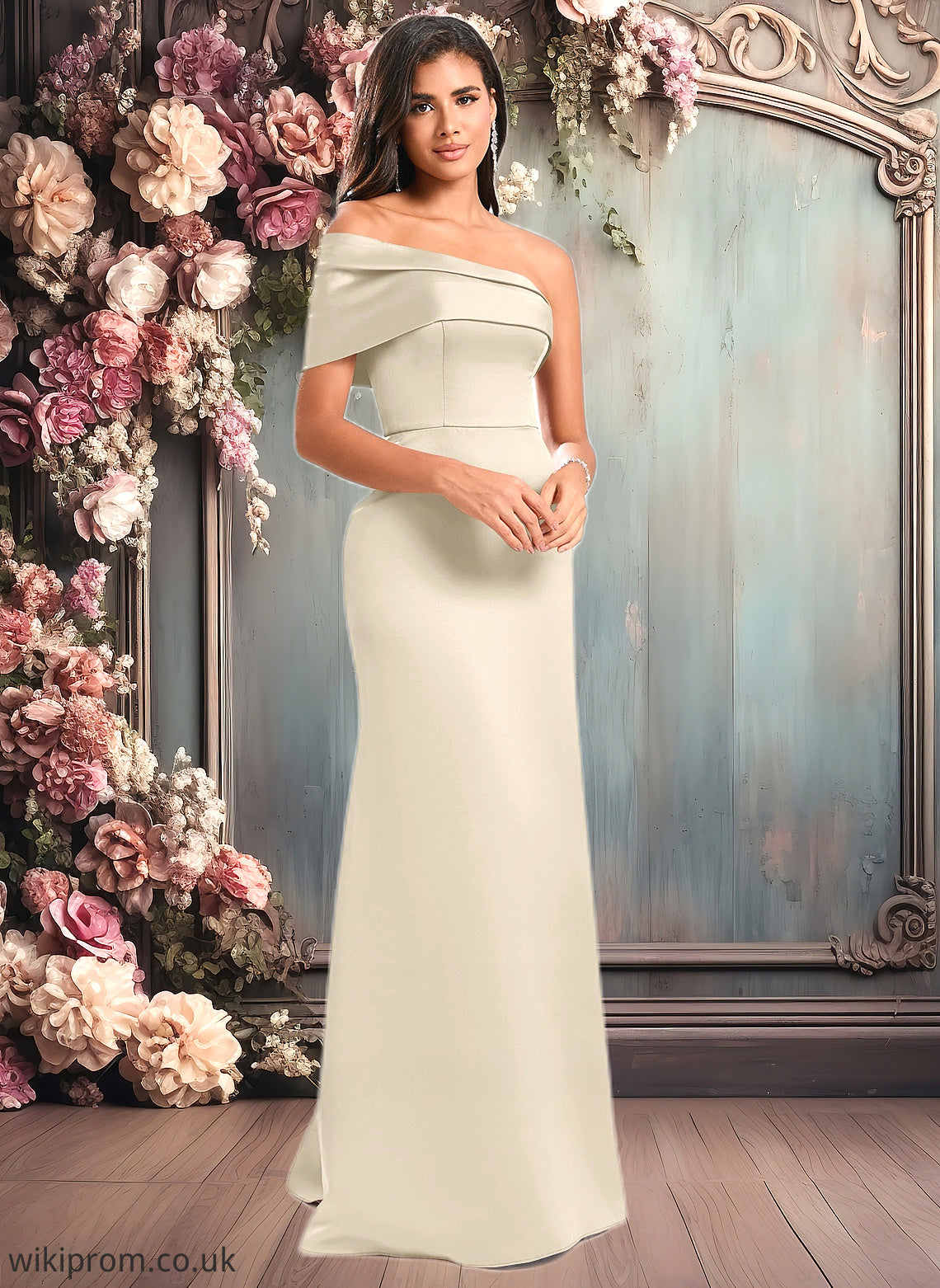 Ava A-line Asymmetrical Off the Shoulder Floor-Length Satin Prom Dresses SWKP0025884