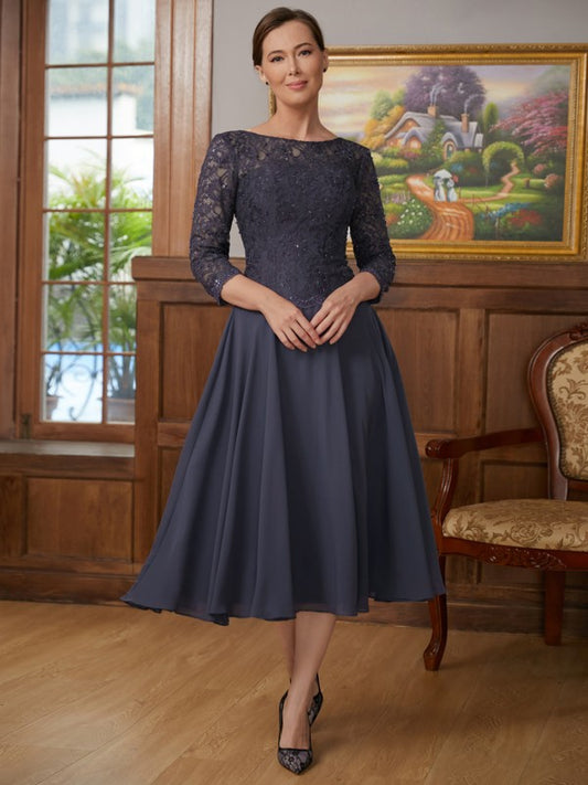 Claire A-Line/Princess Chiffon Lace Scoop 3/4 Sleeves Tea-Length Mother of the Bride Dresses SWKP0020347