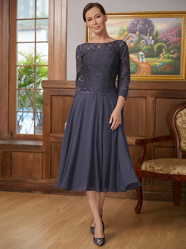 Claire A-Line/Princess Chiffon Lace Scoop 3/4 Sleeves Tea-Length Mother of the Bride Dresses SWKP0020347