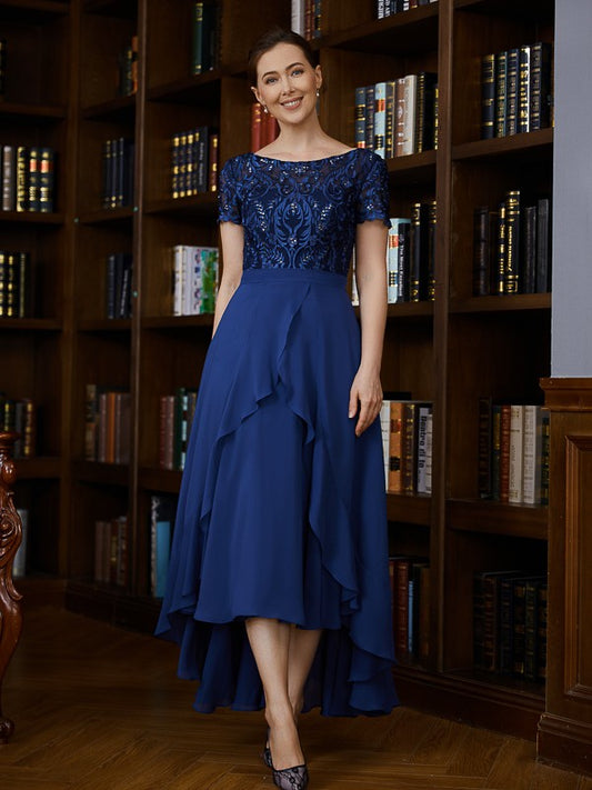 Claire A-Line/Princess Chiffon Applique Bateau Short Sleeves Asymmetrical Mother of the Bride Dresses SWKP0020281