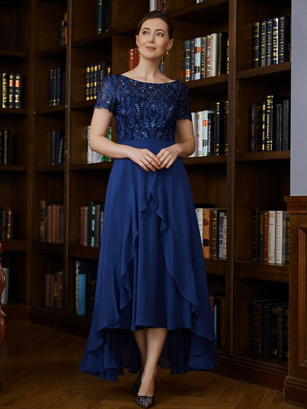 Claire A-Line/Princess Chiffon Applique Bateau Short Sleeves Asymmetrical Mother of the Bride Dresses SWKP0020281