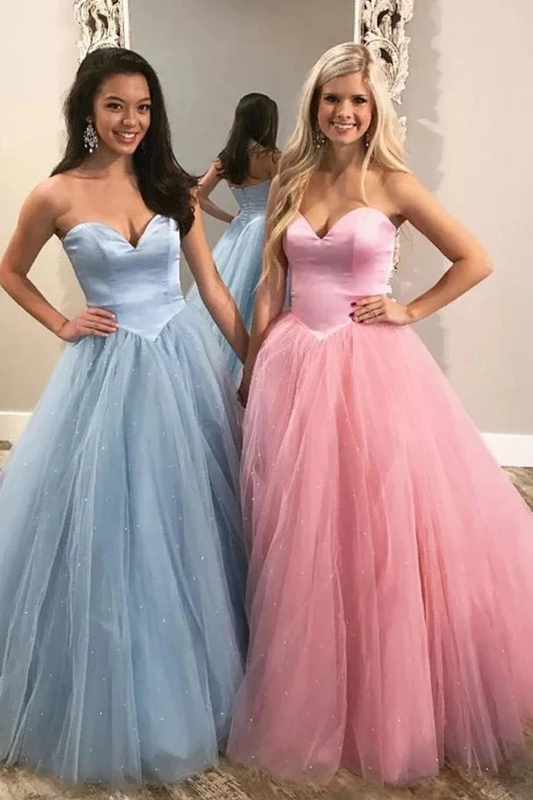 Unique Ball Gown Sweetheart Strapless Tulle Prom Dresses Cheap Formal SWKP9XCMAHS