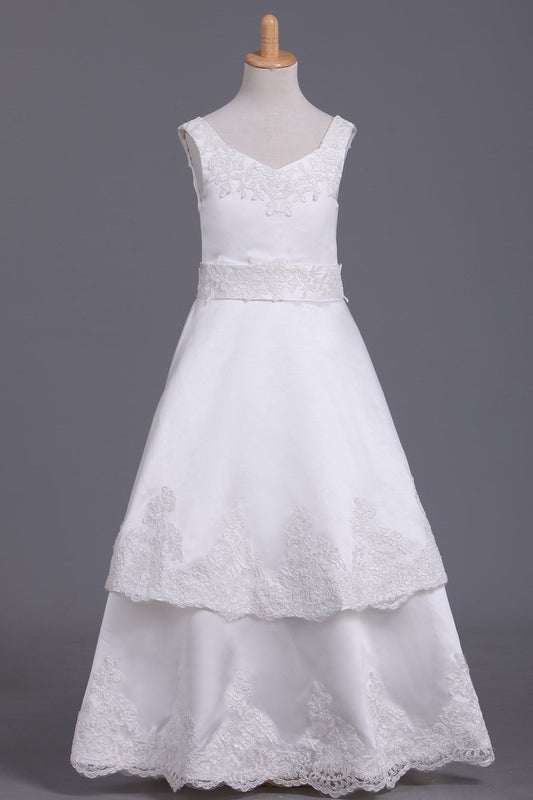 Flower Girl Dresses A Line Straps Ankle Length Satin With Bowknot & Applique
