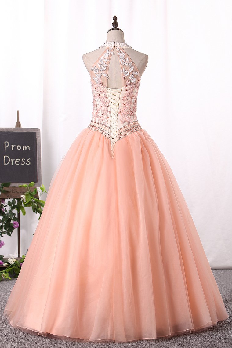 Ball Gown High Neck Quinceanera Dresses Tulle With Applique Lace Up