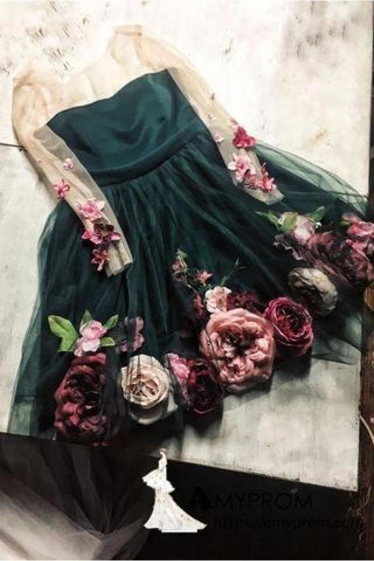 A-Line V Neck Hand-Made Flower Homecoming Dress Unique Short Long Sleeve Prom Dress