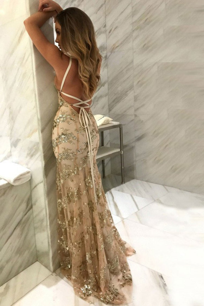 Sparkly Open Back Sequin Shiny Sheath Long Champagne Prom Dresses