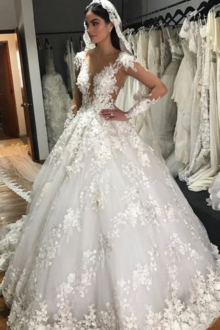 A-Line Scoop Long Sleeves Tulle With Applique Gorgeous Wedding Dresses Chapel Train