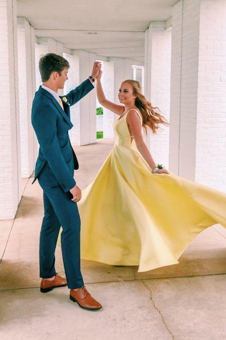 Unique A Line Yellow Satin Prom Dresses with Pockets, Simple Formal SWK15680