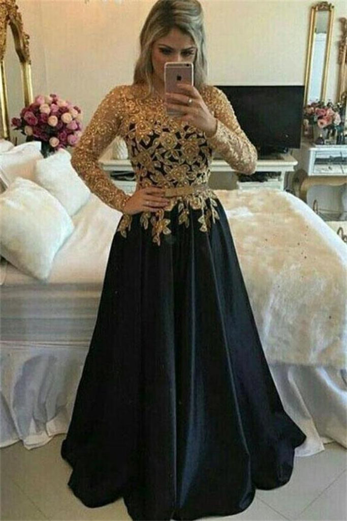 Long Sleeves Lace Up Gold And Black Prom Dresses Mother Of The Bridal Dresses
