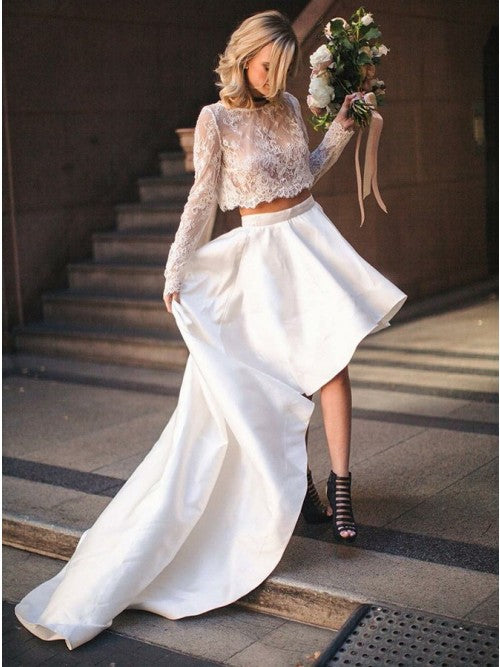 Unique Two Pieces Lace Wedding Dresses with Long Sleeve Prom Dresses