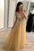Simple A Line Tulle Beads V Neck Straps Backless Prom Dresses, Long Evening Dresses PW681