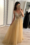 Simple A Line Tulle Beads V Neck Straps Backless Prom Dresses, Long Evening Dresses PW681