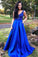 A Line Royal Blue Straps Satin Beads Prom Dresses with Pockets Long Formal Dresses WK748