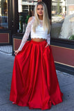 A Line Red and White Long Sleeve Satin Two Piece Prom Dresses with Pockets PW729