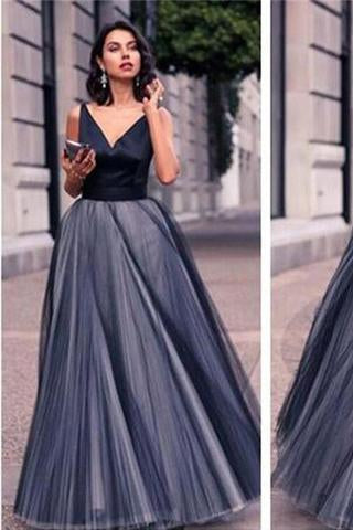 Gorgeous V-neck Black Satin Top Long A-line Tulle Prom Dresses PD0217