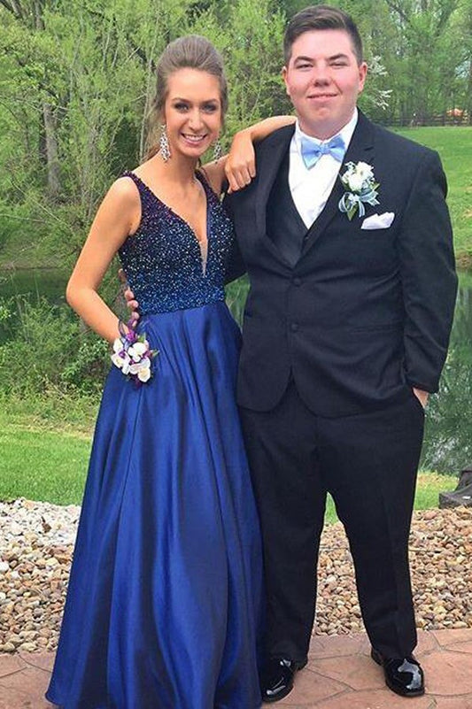 Hot Selling V-neck Floor-Length Royal Blue Prom Dress with Beading WK601
